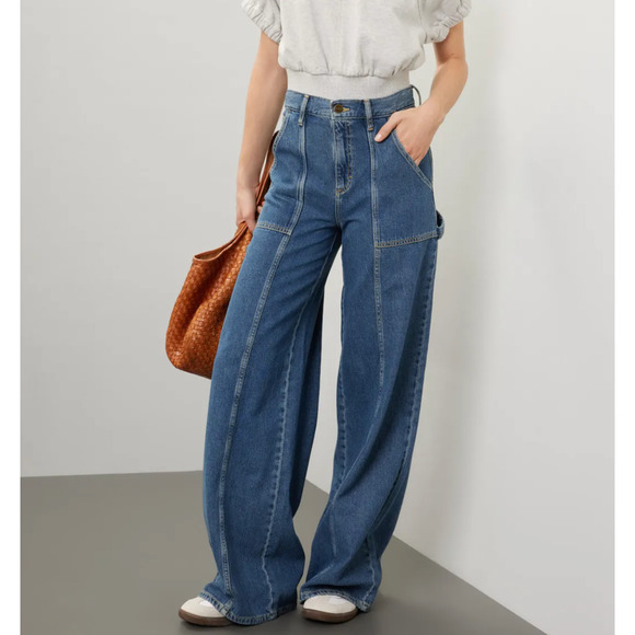 Lee Wide Leg Cargo Jeans Denim SIZE 28 Medium Wash Slouchy Long Carpenter $118 - Picture 1 of 13